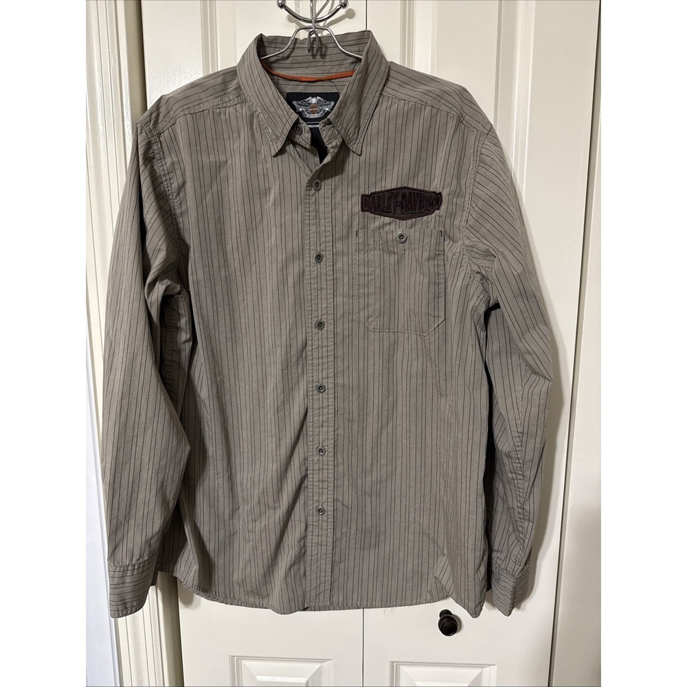 Harley Davidson  Shirt Men's L Button Down Long Sleeve Striped Logo